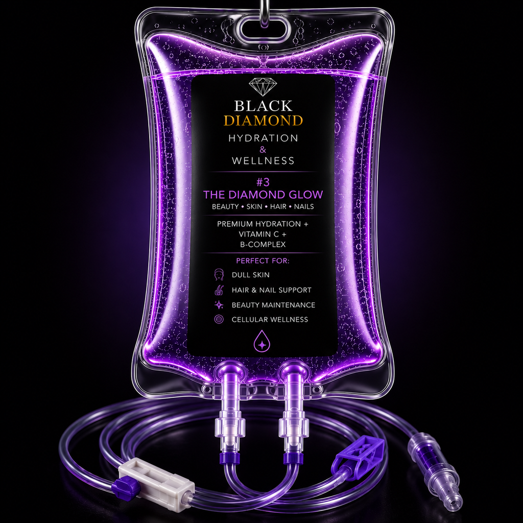 Black Diamond Hydration & Wellness IV bag The Diamond Glow Hydration and Luminescence IV therapy designed to support hydration, radiant skin, and overall wellness