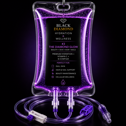 Black Diamond Hydration & Wellness IV bag The Diamond Glow Hydration and Luminescence IV therapy designed to support hydration, radiant skin, and overall wellness