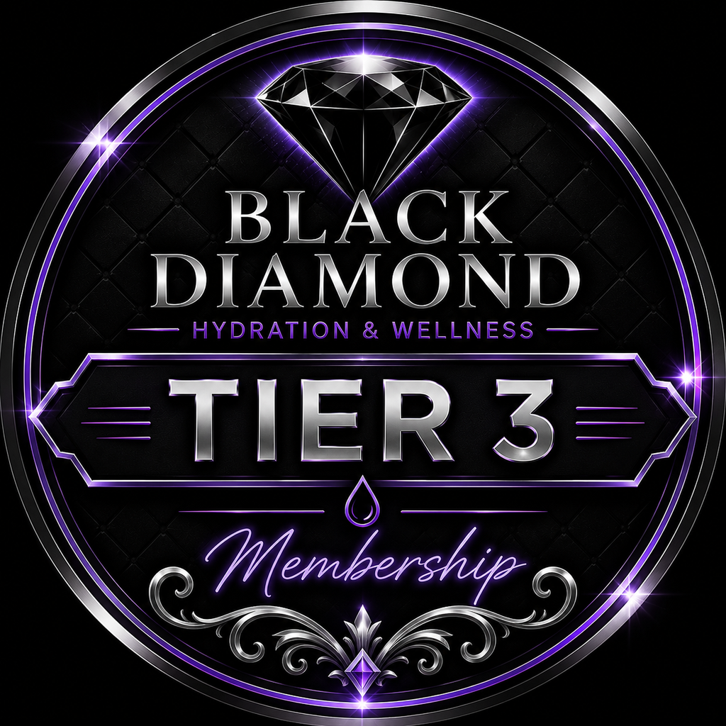 The 3-Month Black Diamond Elite Package All-Access Pass premium voucher - Black Diamond Hydration Elite 1-Liter signature hydration sessions and free member guest perks infographic High-performing individual receiving elite cellular optimization treatment in a luxury clinical setting