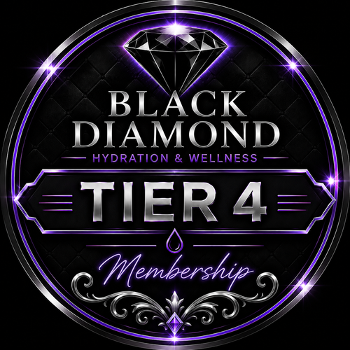 The 6-Month Black Diamond Elite Membership All-Access Pass premium voucher - Black Diamond Hydration Six months of premium 1-liter signature hydration IV sessions and free guest perks chart Executive-level client experiencing premier cellular restoration and long-term vitality treatment