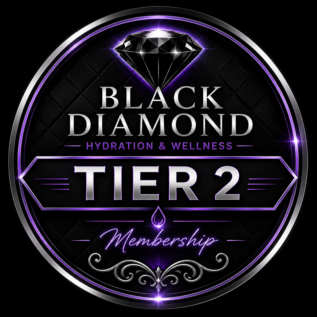The Black Diamond VIP Tier 2 Membership card graphic - Black Diamond Hydration. Monthly cellular hydration and metabolic support wellness routine benefits chart. Consistent wellness maintenance and energy production lifestyle concept