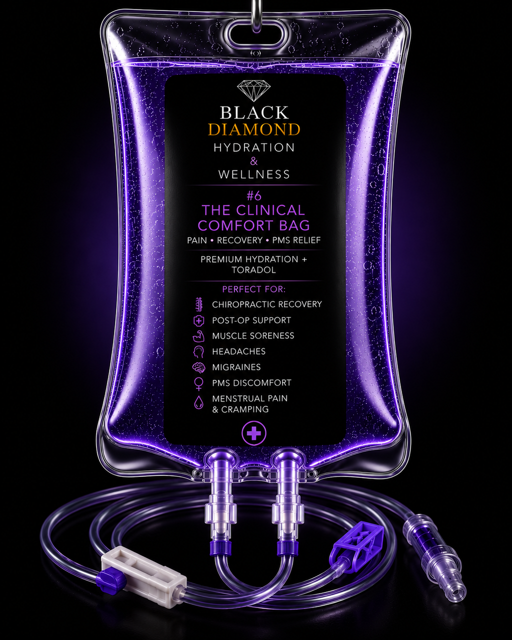The Clinical Comfort advanced cellular recovery treatment - Black Diamond Hydration. Clinical comfort benefits for menstrual pain, post-op healing, and muscle soreness. Relaxing clinical wellness recovery treatment maximizing cellular repair