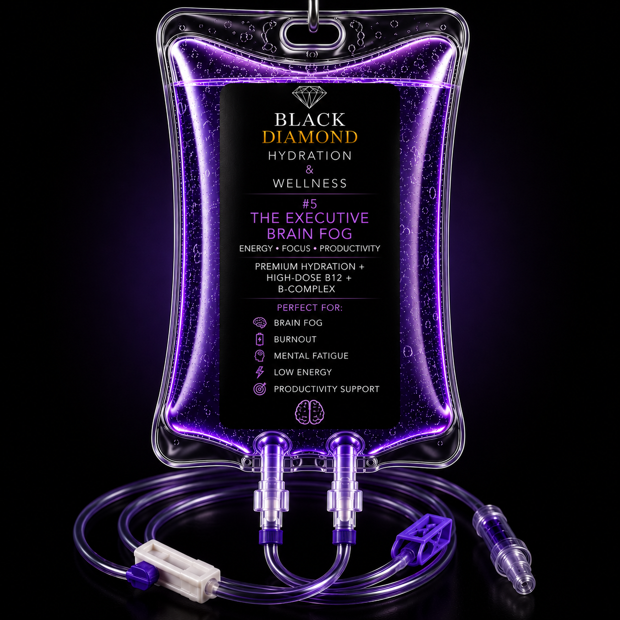 The Executive Brain Fog cognitive focus treatment package - Black Diamond Hydration. Mental stamina and cognitive clarity benefits for professional burnout relief. High-achiever focusing clearly at a desk following natural brain fog relief treatment
