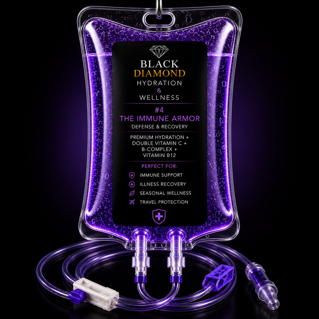 Rapid hydration and cellular flush treatment for seasonal illness recovery. The Immune Armor Ultimate Immune Reset treatment package - Black Diamond Hydration. Immune support benefits for travel burnout, jet lag, and stomach flu relief