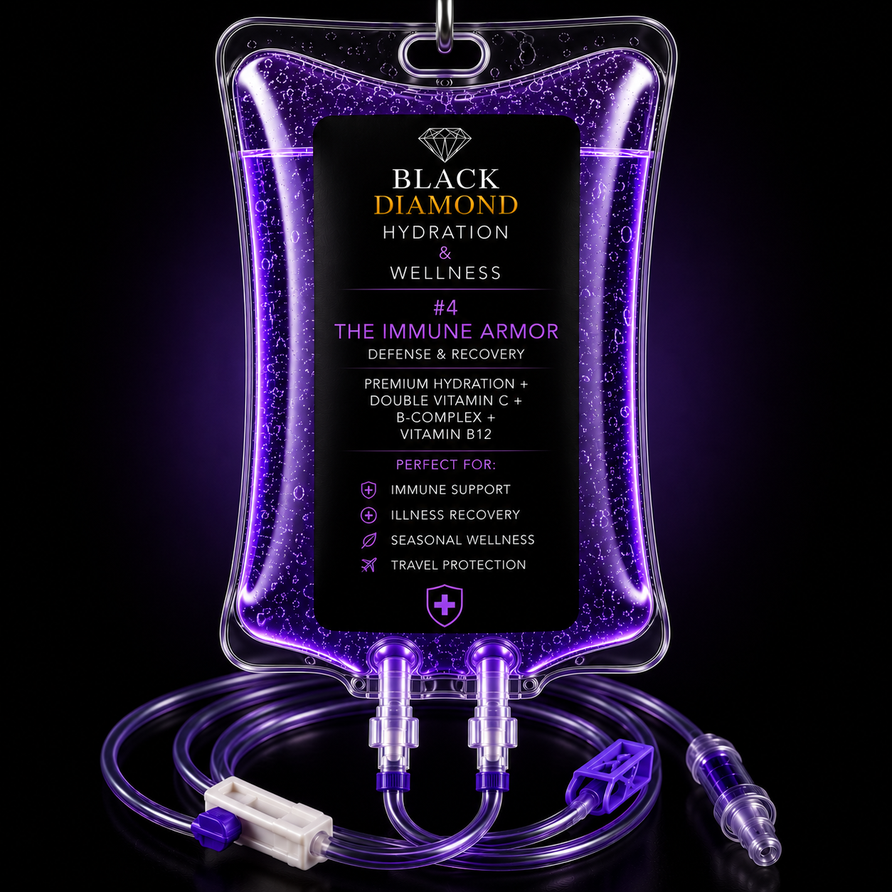 Rapid hydration and cellular flush treatment for seasonal illness recovery. The Immune Armor Ultimate Immune Reset treatment package - Black Diamond Hydration. Immune support benefits for travel burnout, jet lag, and stomach flu relief