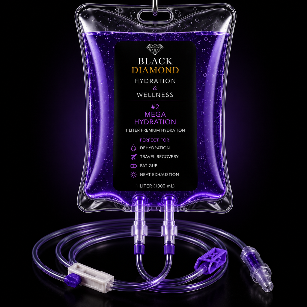 The Mega Hydration Total Reset 1000 mL Normal Saline IV fluid package - Black Diamond Hydration Infographic illustrating the physiological speed of 1 Liter deep cellular rehydration therapy Clean clinical setting with a premium 1 L normal saline IV drip set up for rapid recovery