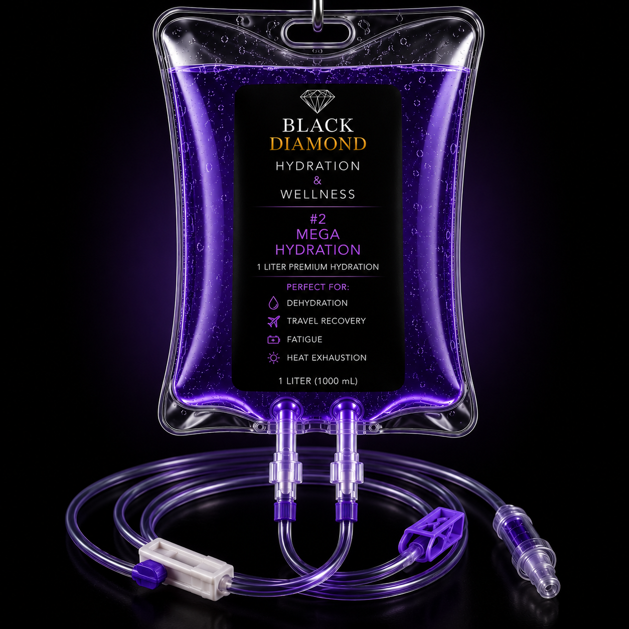 The Mega Hydration Total Reset 1000 mL Normal Saline IV fluid package - Black Diamond Hydration Infographic illustrating the physiological speed of 1 Liter deep cellular rehydration therapy Clean clinical setting with a premium 1 L normal saline IV drip set up for rapid recovery