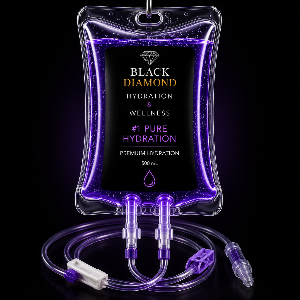 The Pure Hydration Quick Fix 500 mL Normal Saline IV package - Black Diamond Hydration Infographic displaying the speed and efficiency of a 500mL express IV fluid pick-me-up Active professional getting a targeted afternoon hydration reset to shake off minor fatigue