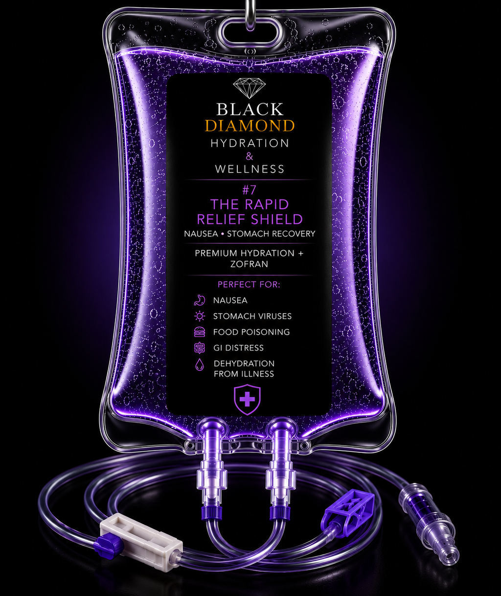 The Rapid Relief advanced hydration treatment for nausea and GI distress - Black Diamond Hydration. Rapid recovery guide for stomach virus, food poisoning, and nausea relief. Fast-acting hydration treatment targeting severe stomach upset and dehydration