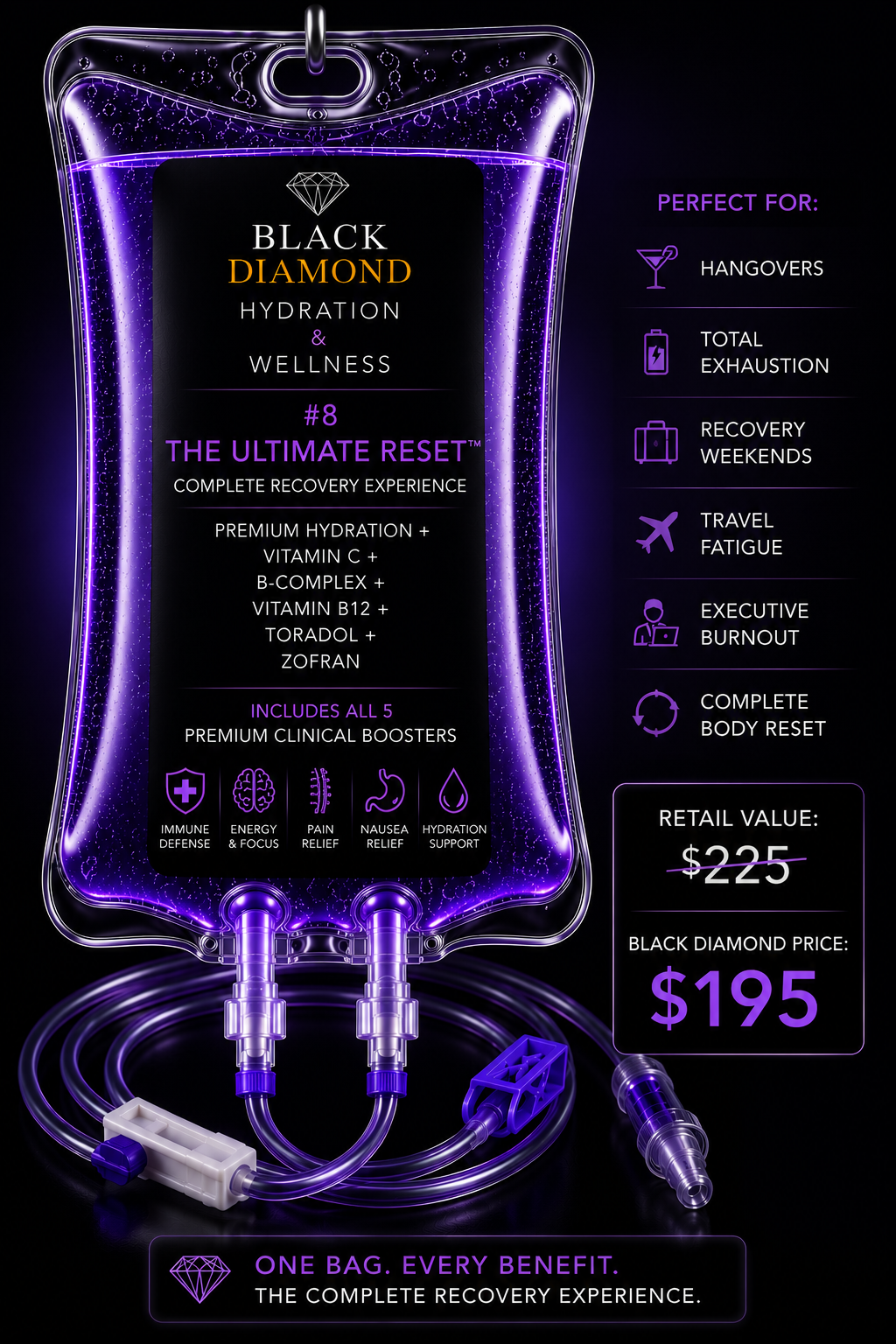 The Ultimate Reset total body recovery treatment - Black Diamond Hydration IV hydration benefits for jet lag slump, morning after hangover, and muscle soreness Athlete receiving advanced hydration recovery flush to eliminate athletic burnout