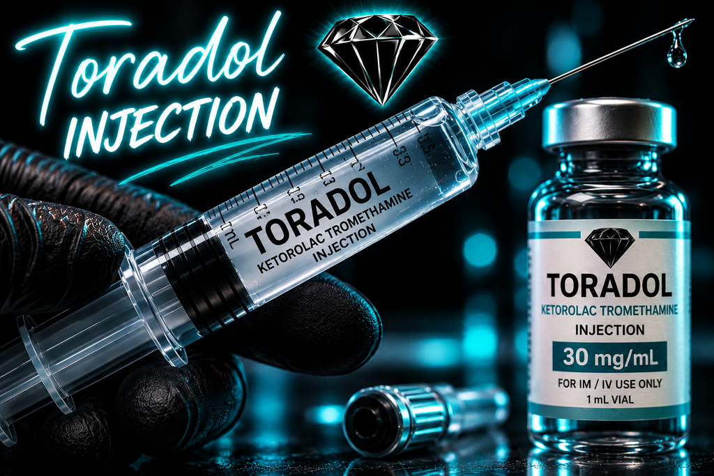 Toradol Ketorolac high impact pain and inflammation knockout injection therapy - Black Diamond Hydration Graphic showing speed and potency advantage of intravenous Toradol versus oral pain pills Medical provider preparing a fast acting medical grade anti inflammatory treatment