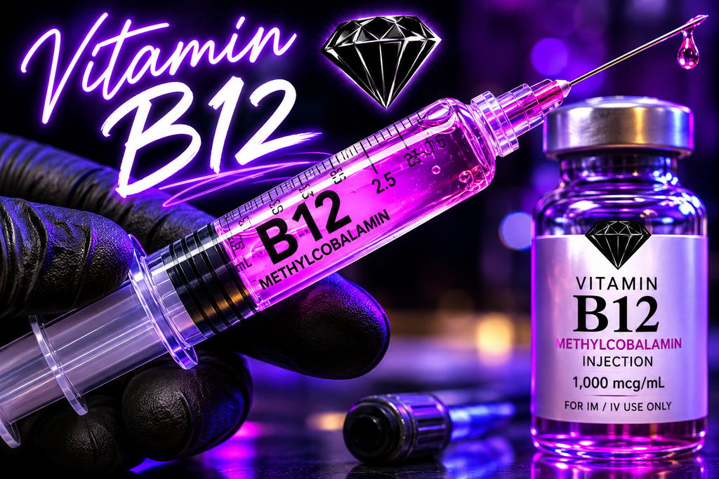 Vitamin B12 Ultimate Energy and Nerve Ignite injection treatment - Black Diamond Hydration Close up of high performer experiencing clean sustainable energy without caffeine jitters Premium medical grade Vitamin B12 ampoule for natural energy production