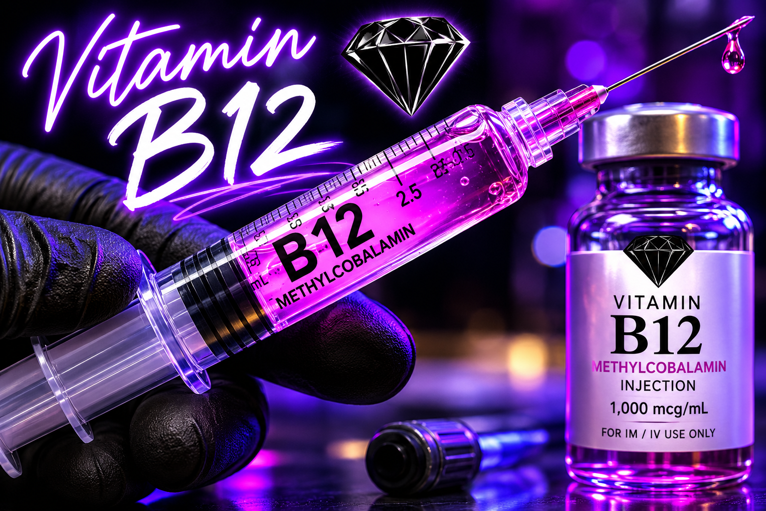 Vitamin B12 Ultimate Energy and Nerve Ignite injection treatment - Black Diamond Hydration Close up of high performer experiencing clean sustainable energy without caffeine jitters Premium medical grade Vitamin B12 ampoule for natural energy production