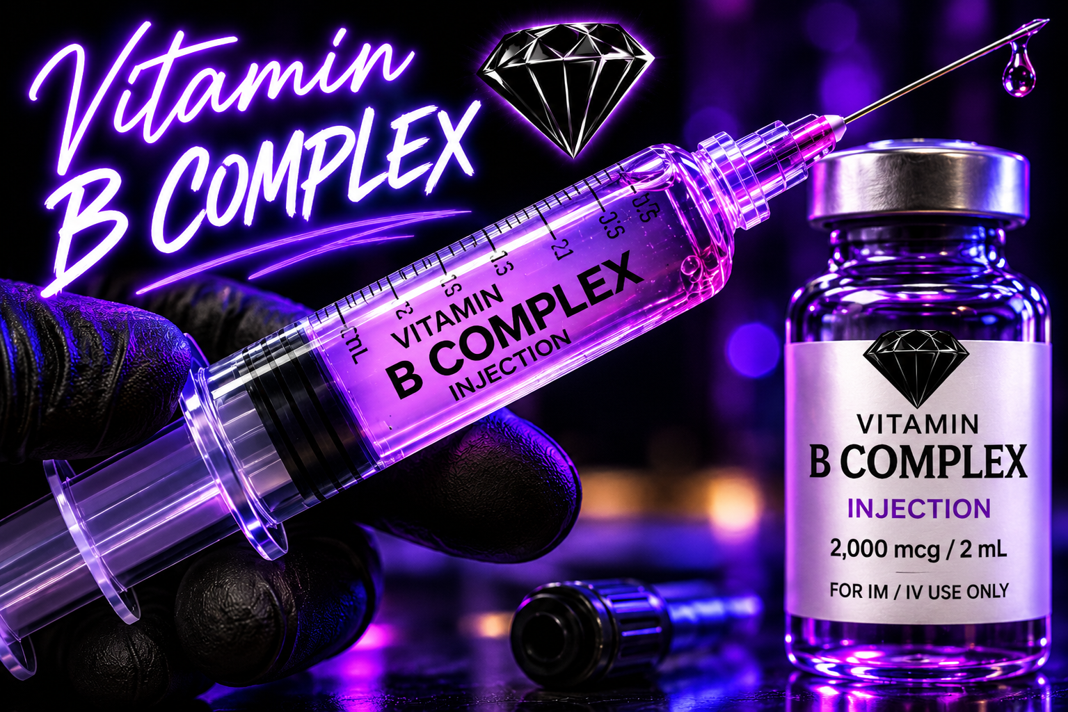 Vitamin B Complex Cellular Energy and Metabolism Ignite injection therapy - Black Diamond Hydration Breakdown of vitamins B1 B2 B3 B5 and B6 for cellular energy production and nervous system support High performing professional focused and energized without relying on espresso or energy drinks