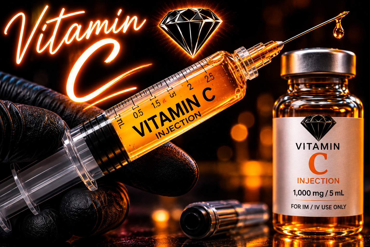 Vitamin C Ultimate Cellular Shield and Collagen Booster clinical injection - Black Diamond Hydration Graph comparing oral supplement absorption ceilings versus direct clinical absorption levels Client receiving high-dose Vitamin C therapy for radiant skin and immune defense